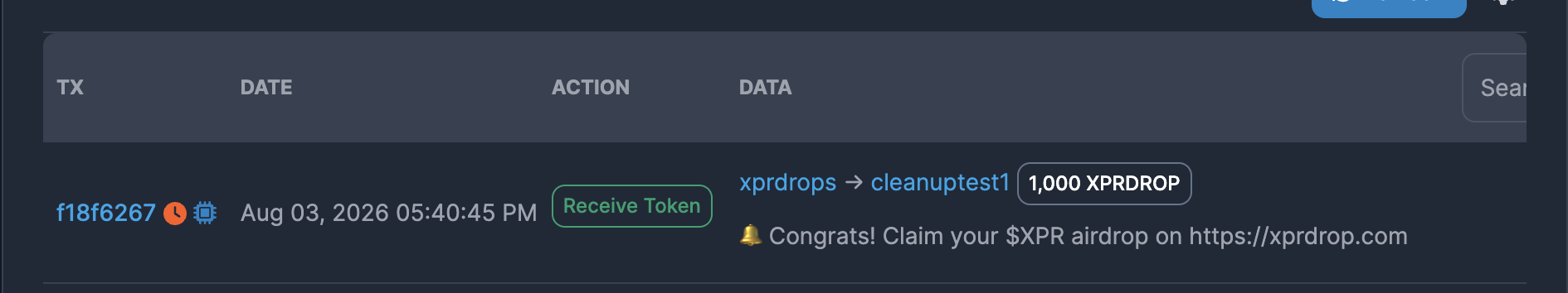 The scam lure — an XPRDROP token whose memo links to the fake airdrop site